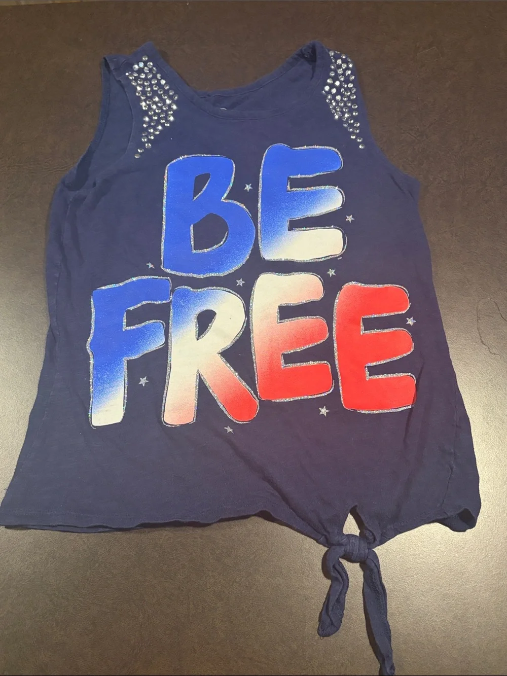 Justice Navy Tank Top with Red, White & Blue 'BE FREE' Graphic and Stud Accents